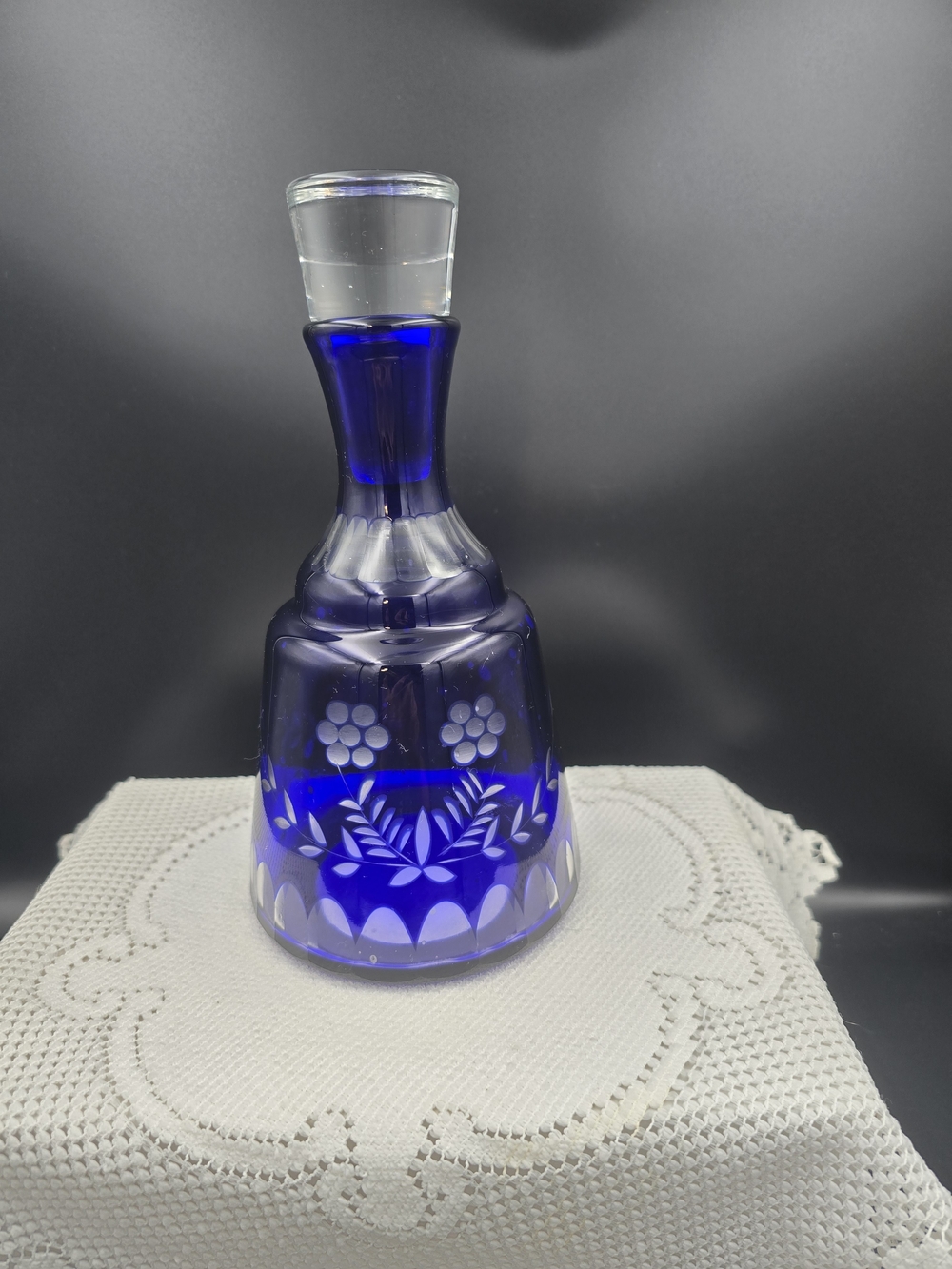 Cobalt Blue Cut Glass Decanter with Etched Floral Motif